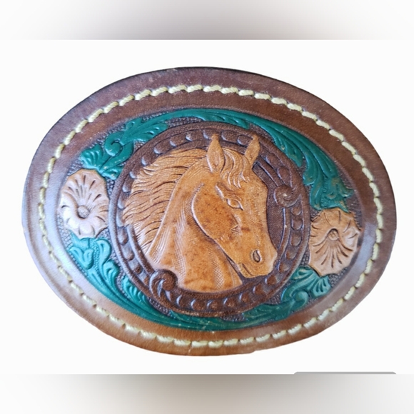 VTG Hand Tooled Leather Wrapper Horse Belt Buckle - Picture 5 of 5